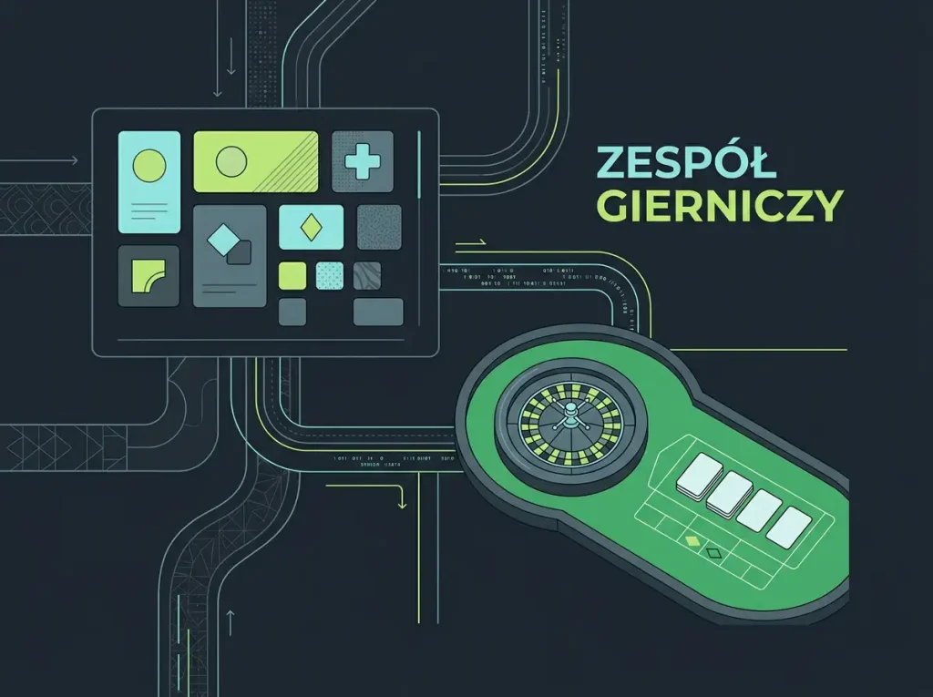 Abstrakcyjna biblioteka gier kasynowych przedstawiona jako zestaw neutralnych kafelków i stołów live