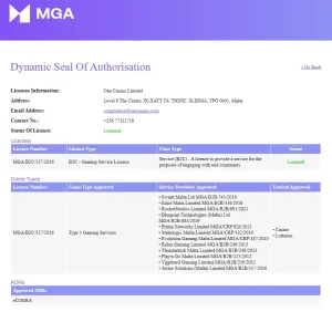 Oficjalny wpis One Casino Limited w rejestrze Malta Gaming Authority